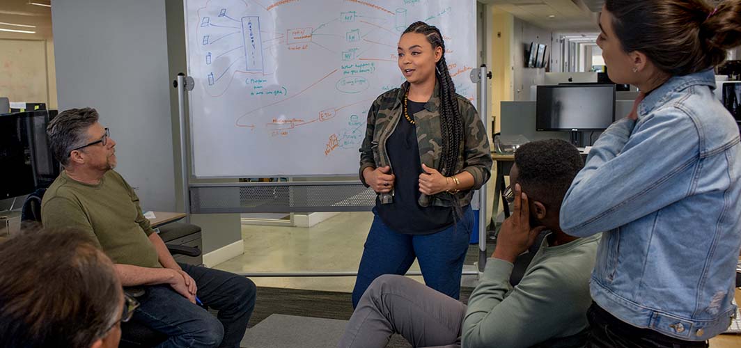 A woman presenting an idea on a whiteboard to a small group of co-workers.