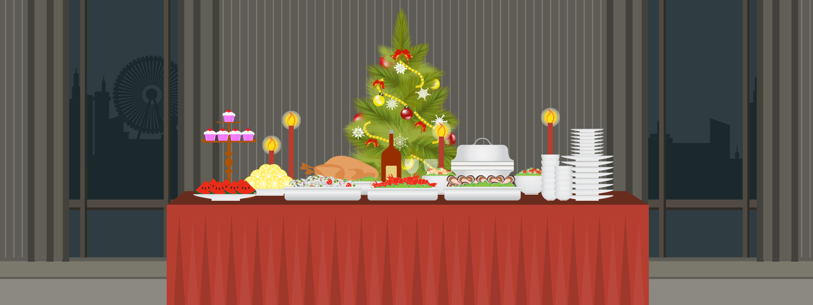 An image of a Christmas dinner on a table in front of the tree.