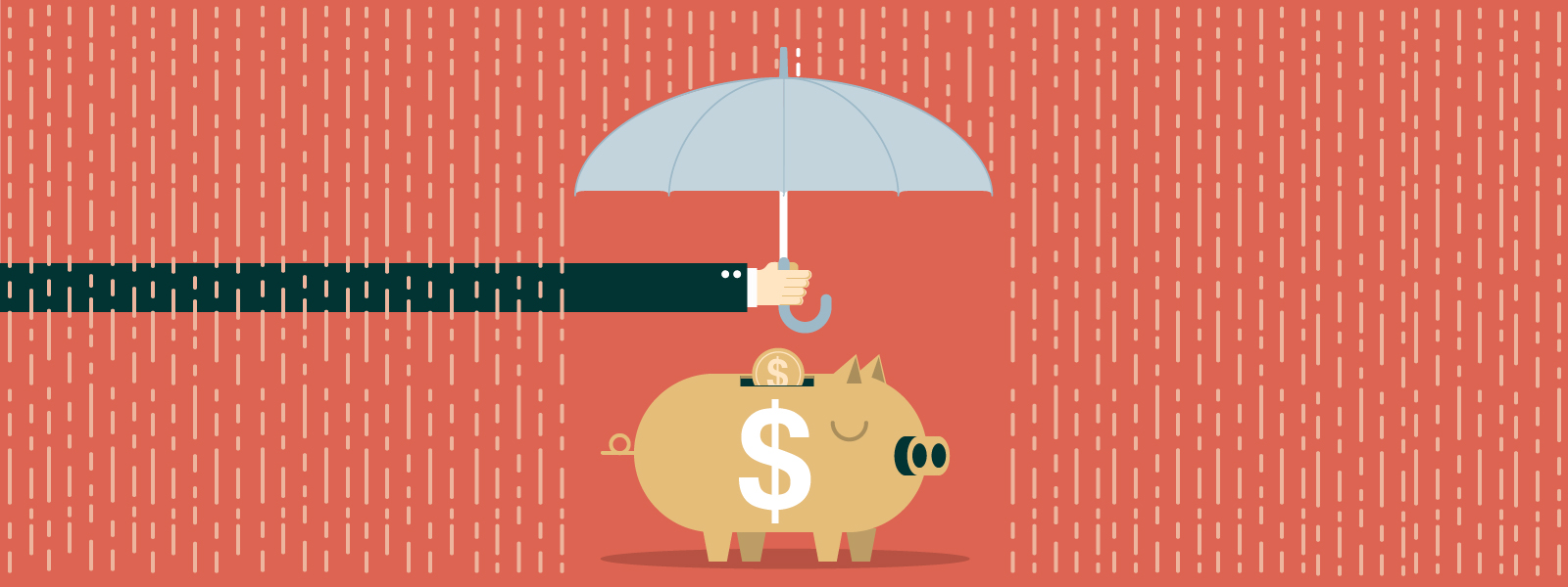 Businessman with umbrella protecting his piggy bank. Saving money concept.