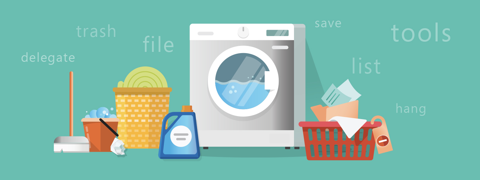 a laundry room with a washer and cleaning supplies with trash, file, and save list.