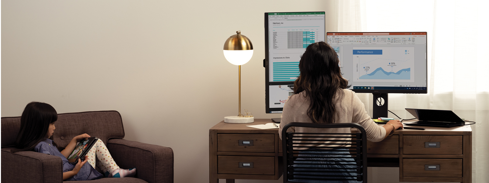 A mother and her daughter are working and learning remotely in their living room. The daughter is playing Minecraft: Education Edition displayed on an HP Probook x360 G5 in tablet mode, and her mother is working on an HP Elite Dragonfly configured with two external monitors displaying an Excel spreadsheet and PowerBI dashboard.