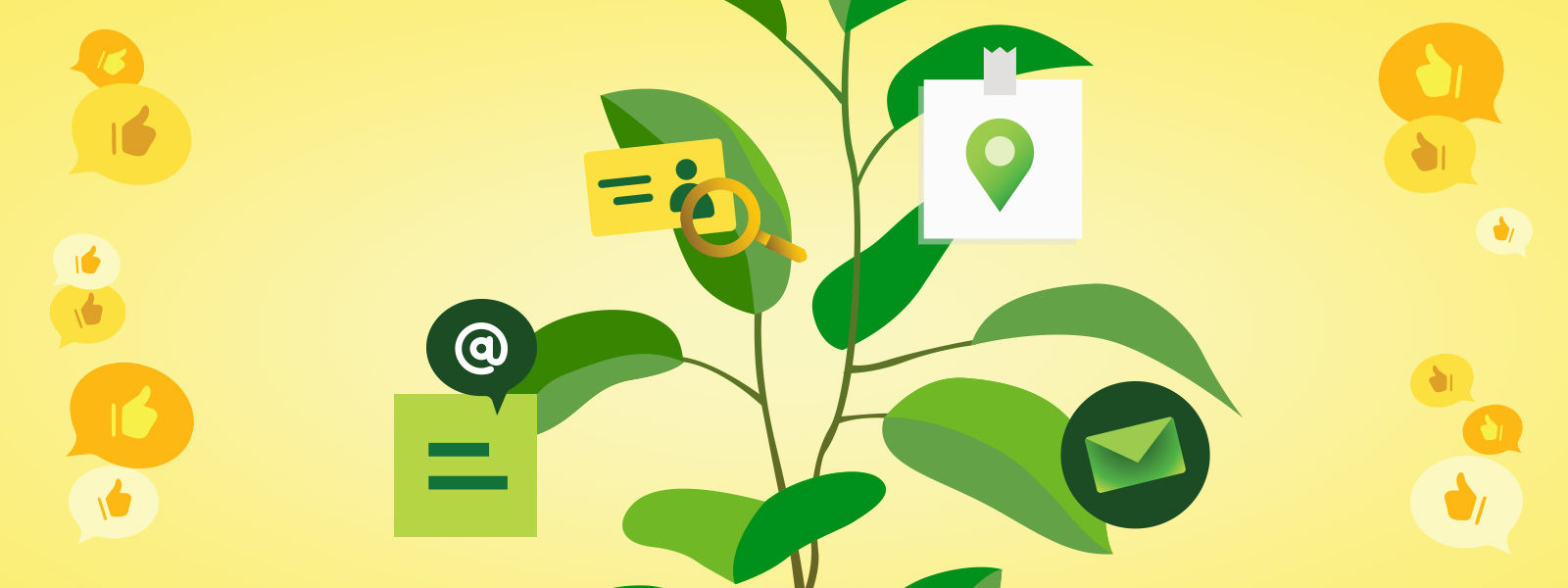 a tree with like thumbs up, email, location, mentions, contact card icons.