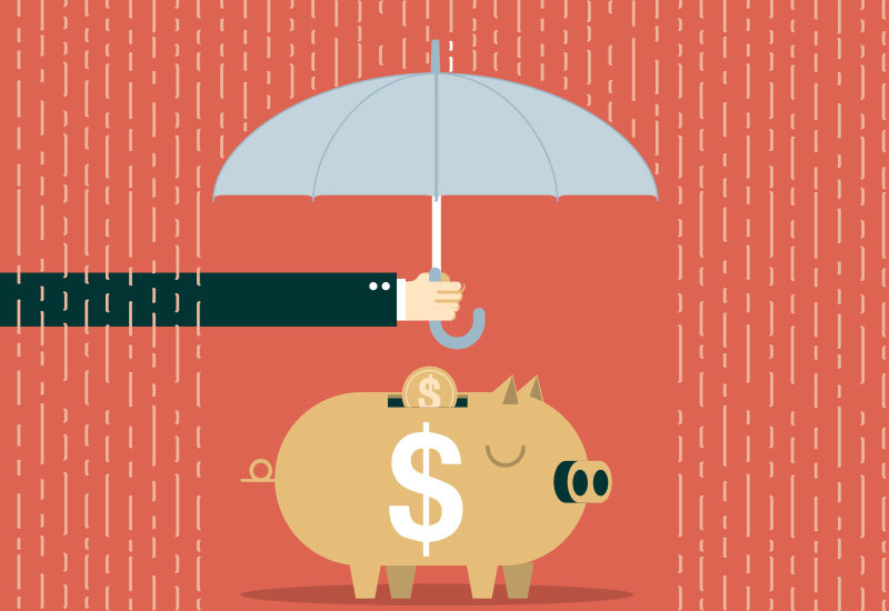 Businessman with umbrella protecting his piggy bank to saving money