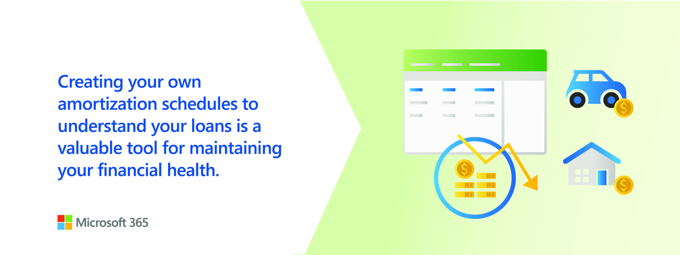 Schedule icon, car icon, and house icon with stack of gold coins demonstrating amortization.